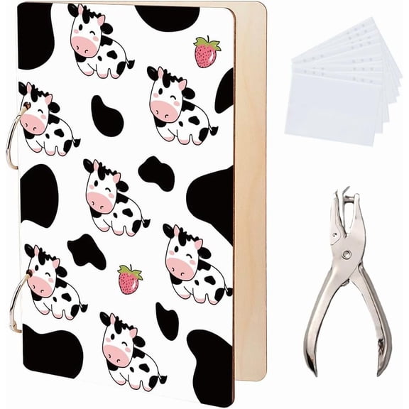 Cartoon Cow Greeting Card Organizer Animal Greeting Card Binder Funny Wooden Cards Keeper Binder 2-Rings Post Cards Album