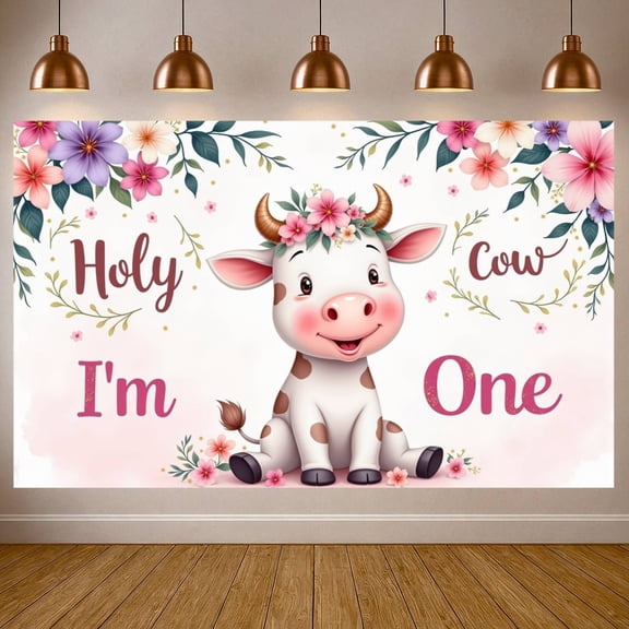 Cartoon Cow Holy Cow Banner Floral Garland I'm One Display Pink Cute Design Cow Themed Backdrop for First Birthday Party Baby's 1st Celebration Photo Shoot Backdrop