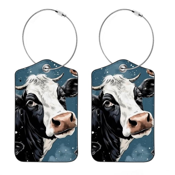 Cartoon Cow Luggage Tag, Travel Tags, Handbag Tag - Square PU Leather 2 Pack with Privacy Cover and Stainless Steel Ring - Suitable for Travel, Backpack, Handbag [Amazon Approved]