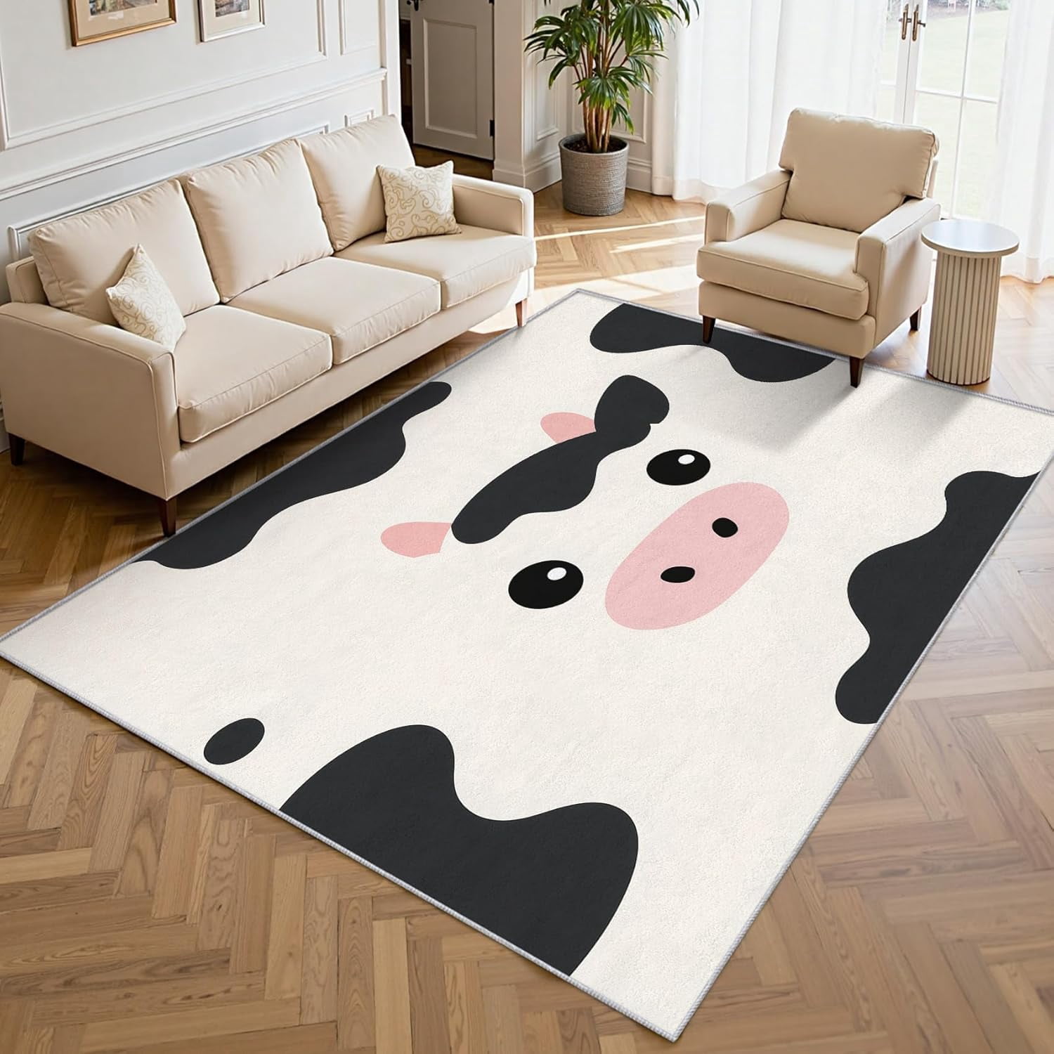 Cartoon Cow Print Area Rug, Cute Animal Pattern Carpet, Washable Non ...