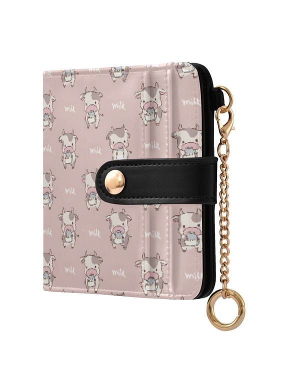 Cartoon Cow Small Wallet for Women RFID Blocking Bifold PU Leather Credit Card Holder with Zipper Coin Pocket Compact Cute Travel Purse Magnetic Snap 7 Card Slots