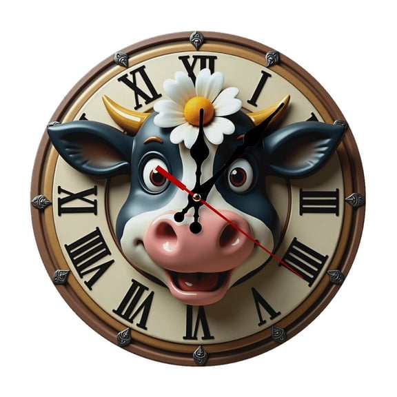 Cartoon Cow Wall Clock 10 Inch Silent Non Ticking Round Clock Decoration for Living Room Kitchen Bedroom Bathroom Office Classroom