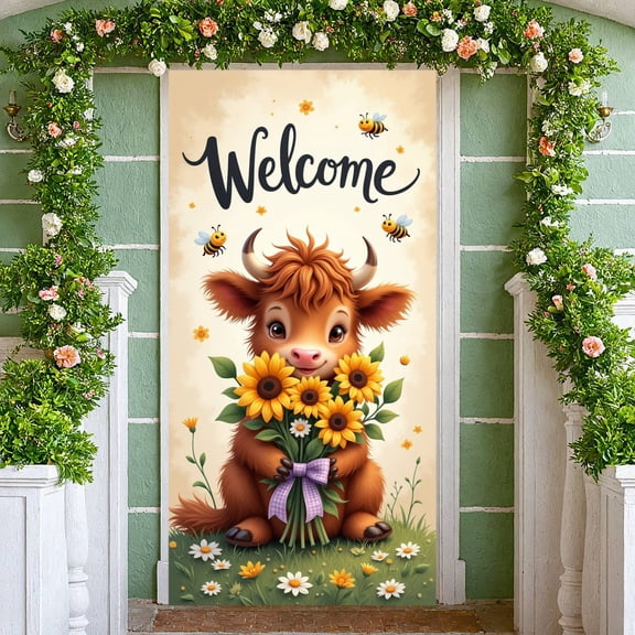 Cartoon Cow Welcome Banner Sunflower Design Farm Display Bee Pattern Purple Bow Spring Backdrop for Farmhouse Decoration Spring Party Welcome Ceremony