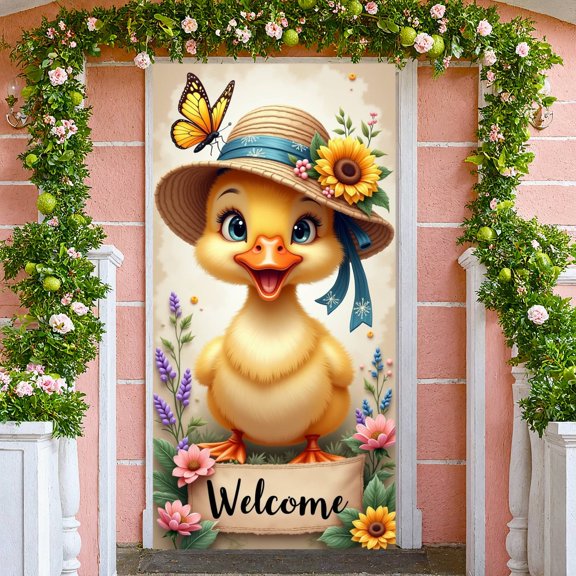 Cartoon Cow Welcome Banner Sunflower Design Farm Display Bee Pattern Purple Bow Spring Backdrop for Farmhouse Decoration Spring Party Welcome Ceremony