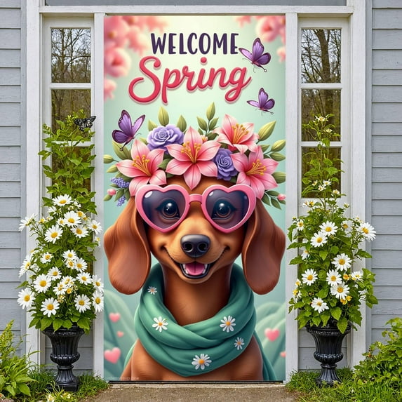 Cartoon Cow Welcome Banner Sunflower Design Farm Display Bee Pattern Purple Bow Spring Backdrop for Farmhouse Decoration Spring Party Welcome Ceremony