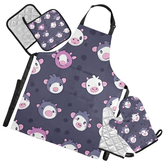 Cartoon Cow on Dark Oven Mitts and Pot Holders with Chef Apron Set 5 Pcs Kitchen Cooking Set