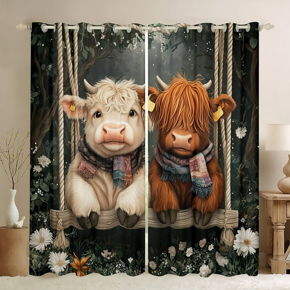 Cartoon Cowboy Curtains,Highland Cow 30%-50% Blackout Curtains 30-50% 52x63 inch,Farmhouse Daisy Cow Curtains Drapes,Rustic Bull Cattle Window Treatments 2 Panels for Living Room