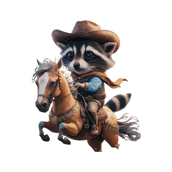 Cartoon Cowboy Raccoon Riding on Horse Animals Wall Art Sticker Designs Vinyl Stickers For Home House Walls Rooms Windows Bedroom Decoration Size (12x12 inch)