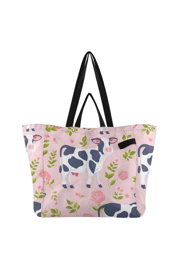 Cartoon Cows Roses Leaves Cute Foldable Canvas Tote Bags Reusable Grocery Bags Laundry Bags Beach Bag 32L