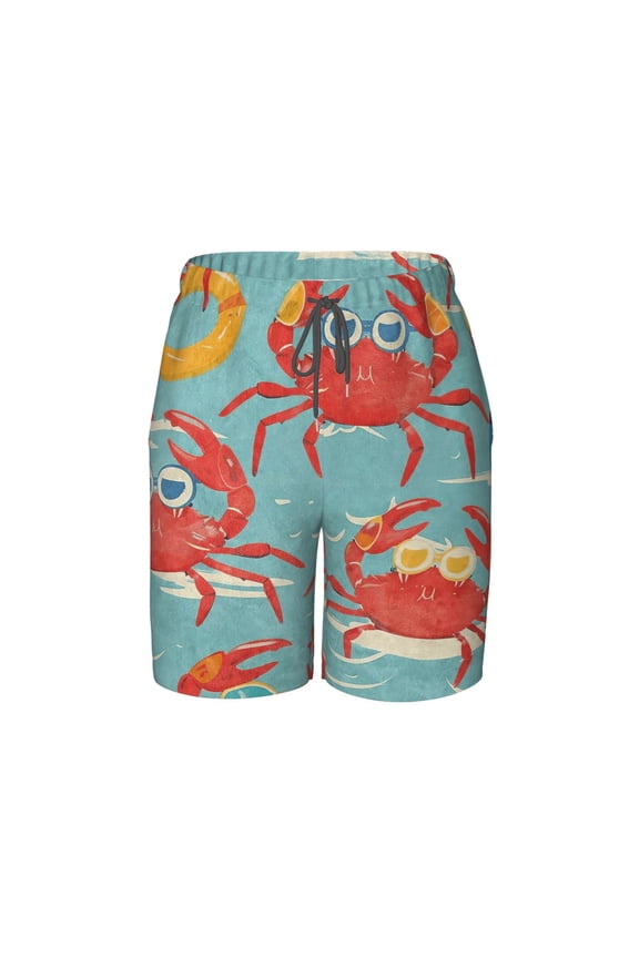 Cartoon Crab Beach Pants Lightweight and Quick-Drying Teen Shorts with Mesh Lining and Drawstring
