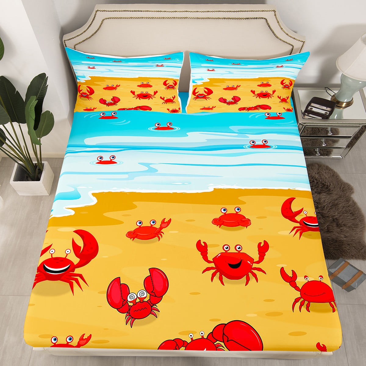 Cartoon Crab Fitted Sheet Kawaii Crabbie Bed Sheets for Kids Youth Teens, Ocean Beach Themed ...