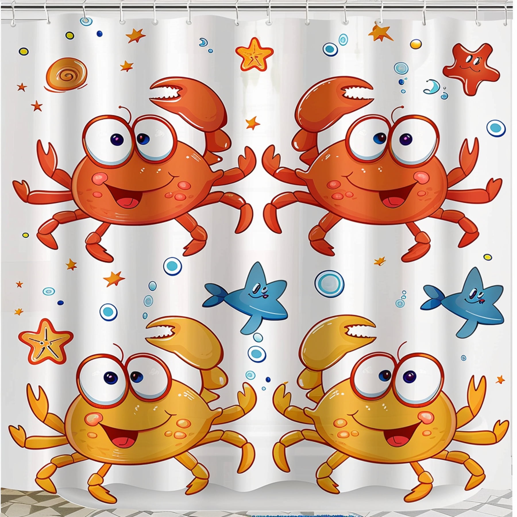 Cartoon Crab Pattern Shower Curtain Set Cute Baby Crabs & Stars Design