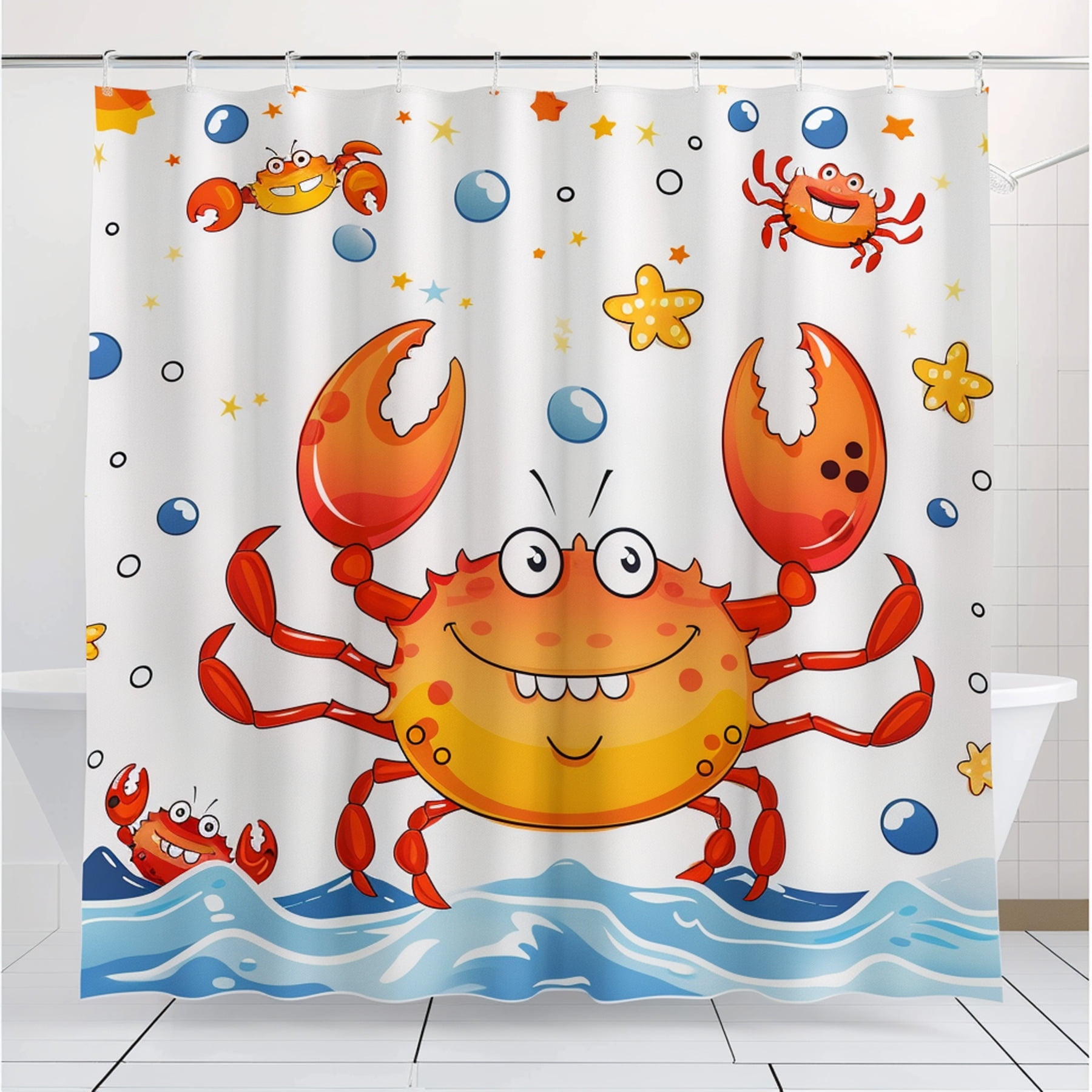 Cartoon Crab Shower Curtain Set Cute Baby Crabs & Stars Design for Kids