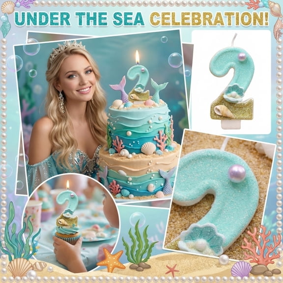 Cartoon Creative Number 2 Birthday Candle, Mermaid Theme Birthday Decorations, First Birthday Decorations for Girl, Gold Party Decorations, Handcrafted Glittered Cake Topper, Fits