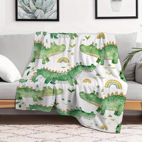 Cartoon Crocodile Flannel Throw Blanket - Soft Lightweight 280GSM All-Season Abstract Animal Glam Rainbow Plant Design, Machine Washable Multi-Use for Couch Bed Office Travel, Contemporary Home Decor