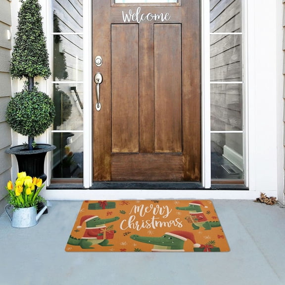 Cartoon Crocodile Hold Gift Merry Christmas Doormats Welcome Mats Gate Pads Entryway Outdoor 32" x 20"