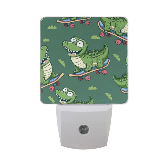 Cartoon Crocodile Riding Skateboard Night Light 2 Pack LED Nightlight Plug into Wall Dusk to Dawn Sensor Soft White