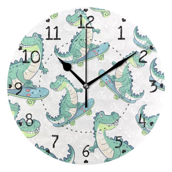 Cartoon Crocodile on Skateboard Round Wall Clock Silent Analog Battery Operated Black Pointer Home Decor 9.84" Diameter