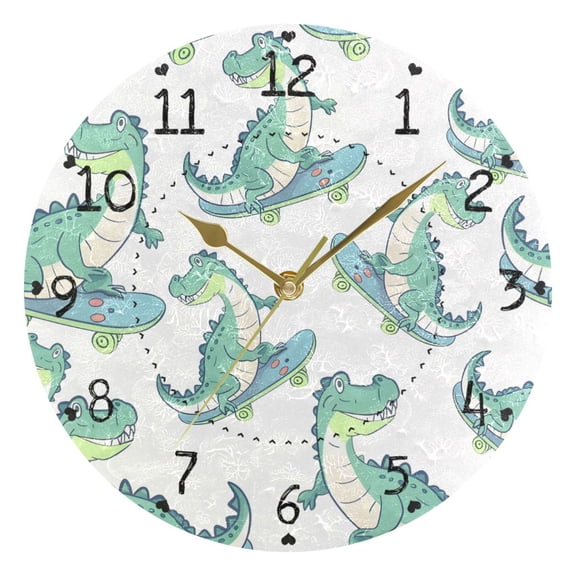 Cartoon Crocodile on Skateboard Round Wall Clock Silent Analog Battery Operated Gold Pointer Home Decor 9.84" Diameter