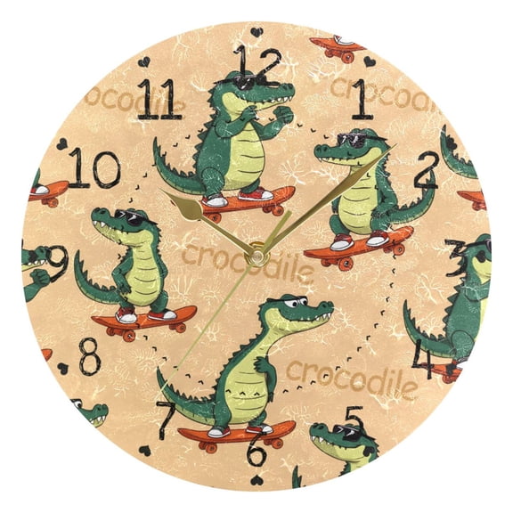Cartoon Crocodiles Play Skateboard Round Wall Clock Silent Analog Battery Operated Gold Pointer Home Decor 9.84" Diameter