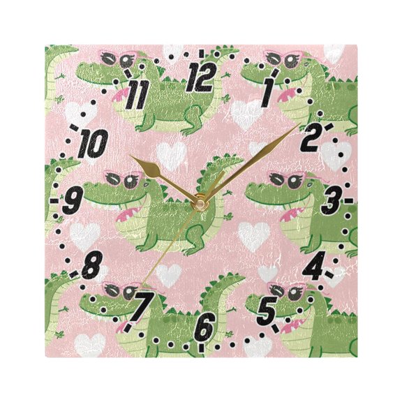 Cartoon Crocodiles with Heart Sunglasses Wall Clock Battery Operated Silent Non-Ticking Bedroom Office Kitchen Home School Decor 7.8"(Gold)