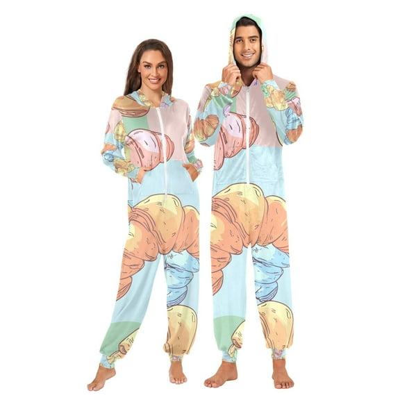 Cartoon Croissants Adult Onesie Pajamas Slim Fit Christmas One Piece Suit Pjs for Women and Men Hooded Zipper