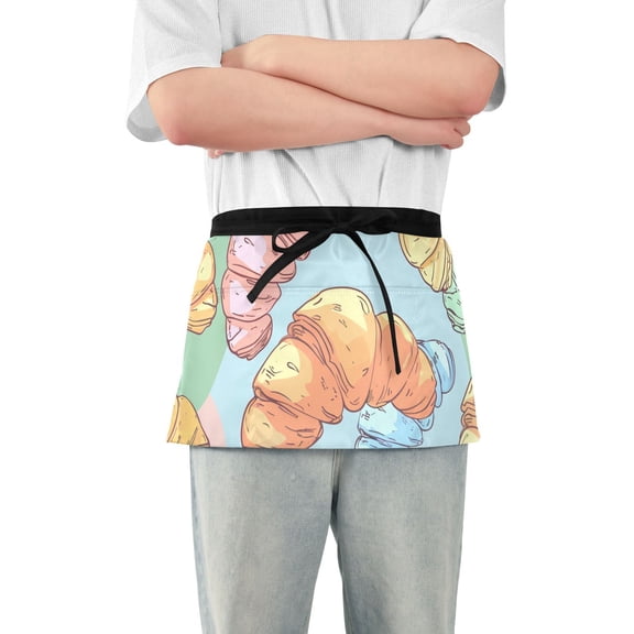 Cartoon Croissants Waist Apron Adjustable Server Half Apron Kitchen Cooking with 3 Pockets for Men Women