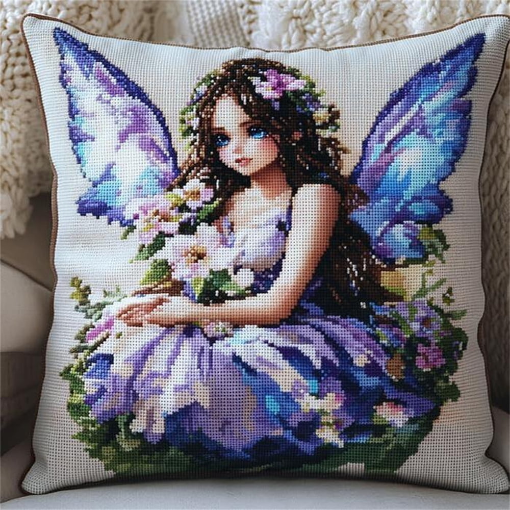 Cartoon Cross Stitch Kits Cushion Throw Pillow,Girl Needlework Kit for Adult Beginners 11ct Set Decoration Embroidery Pillow Case 17x17in