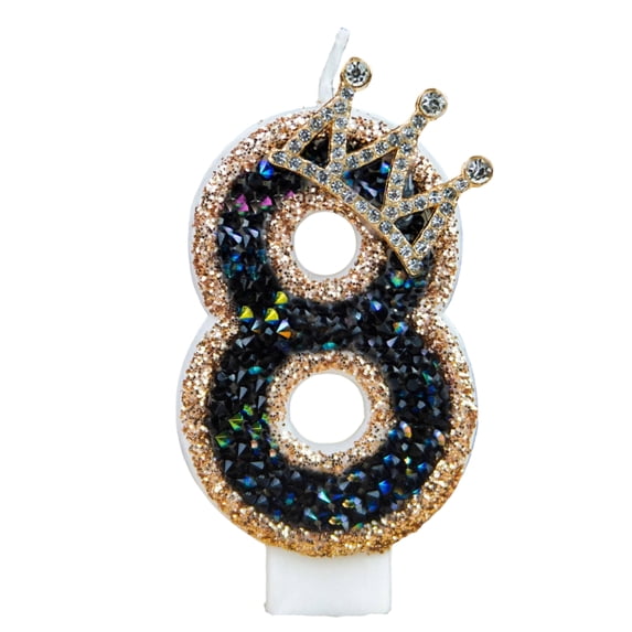 Cartoon Crown Number 8 Birthday Candle - Glittery Royal Sparkle Design with Crystal Accents - for 8th Birthday Parties, Cake Toppers, Celebrations, Anniversary Events