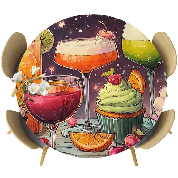 Cartoon Cupcakes Round Tablecloth 36-44 Inch Round Fitted Table Cloth with Elastic Edge, Funny Cute Food Starry Sky Pink Waterproof Table Cover Protector for Outdoor Picnic Party Dining