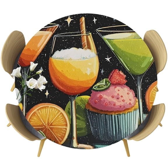 Cartoon Cupcakes Round Tablecloth 45-54 Inch Round Fitted Table Cloth with Elastic Edge, Funny Cute Food Starry Sky Black Waterproof Table Cover Protector for Outdoor Picnic Party Dining