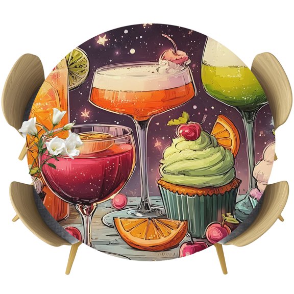 Cartoon Cupcakes Round Tablecloth 45-54 Inch Round Fitted Table Cloth with Elastic Edge, Funny Cute Food Starry Sky Pink Waterproof Table Cover Protector for Outdoor Picnic Party Dining