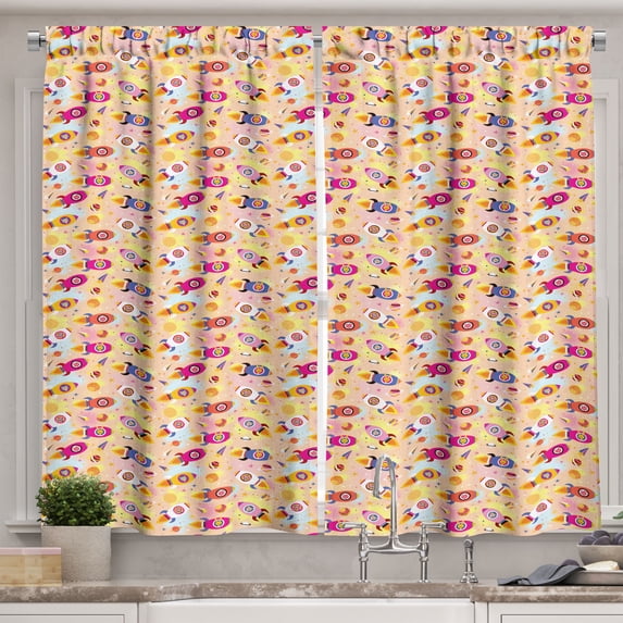 Ambesonne Space Kitchen Curtains, Animals in Rockets, 55"x39", Earth Yellow Pale Peach
