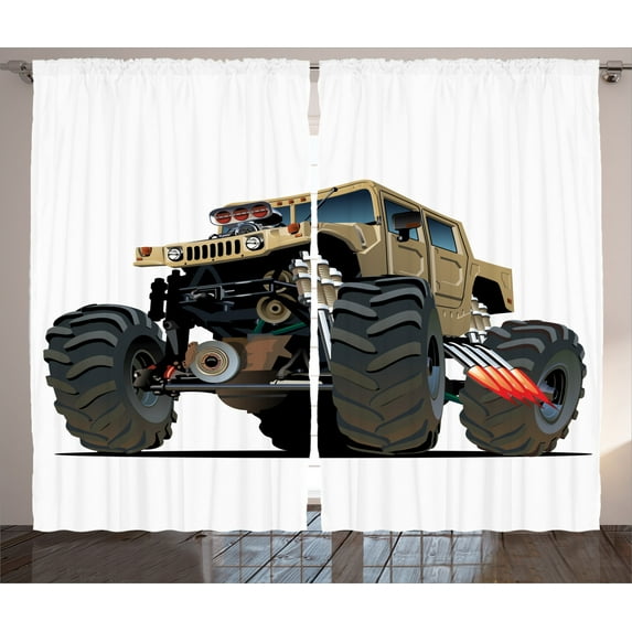 Ambesonne Cartoon Curtains 2 Panel Set, Monster Truck Racing, 108" x 84", Multicolor
