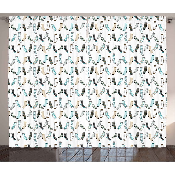 Ambesonne Cartoon Curtains 2 Panel Set, Rain of Socks Laundry, 108" x 96", Dark Blue Beige