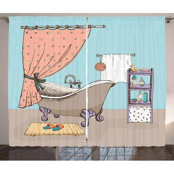 Ambesonne Cartoon Curtains 2 Panel Set, Bathroom Tub Illustration, 108" x 84", Multicolor