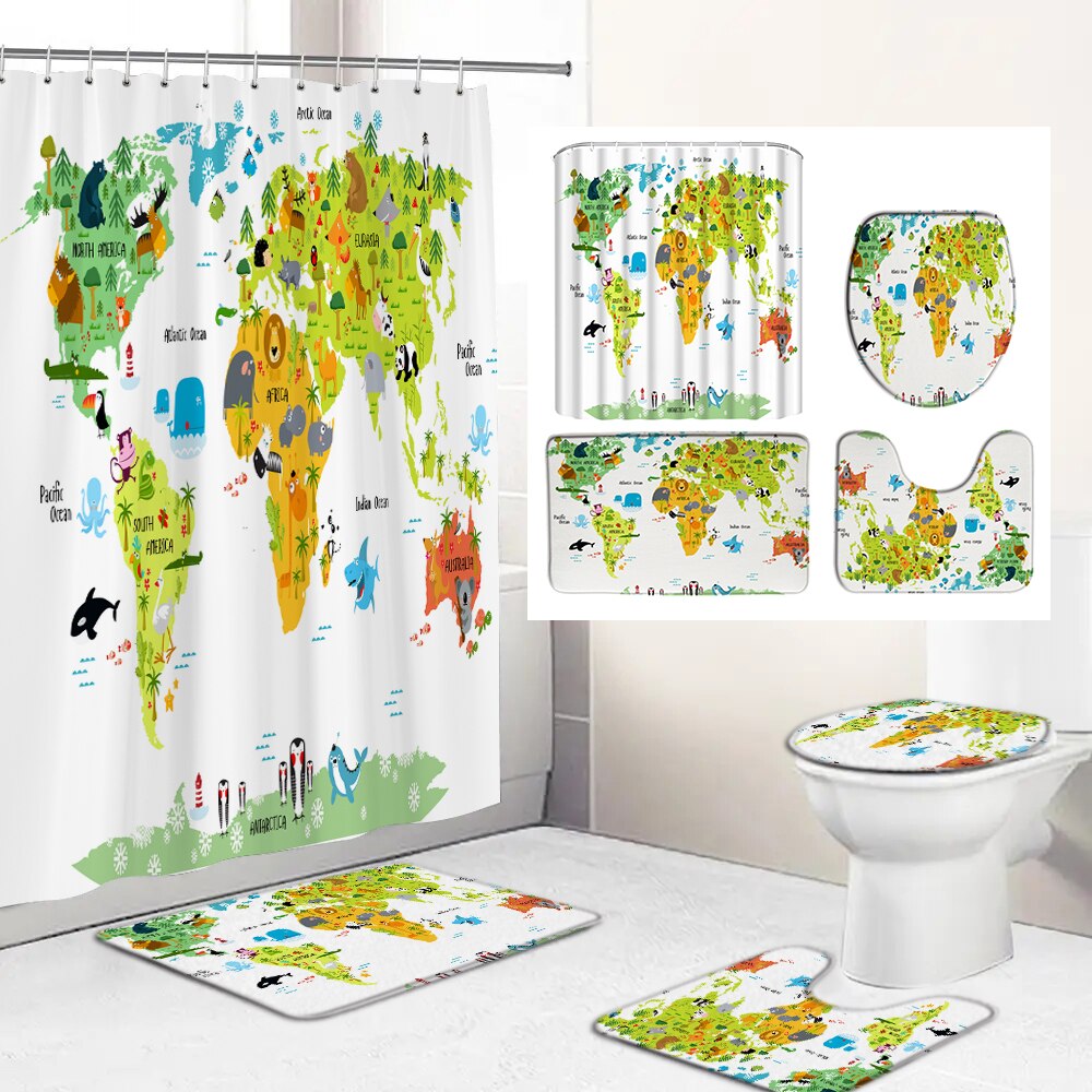 Cartoon Cute Animals Map Shower Curtains for Bathroom Sets Forest ...