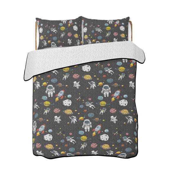 Cartoon Cute Astronauts 3 Piece Quilt Bedding Set with 2 Pillow Shams, Lovely Black Space Spacecraft Rockets Planet Lightweight Bedspread Coverlet, Soft Breathable All Season Quilt, 79 x 90 Inch
