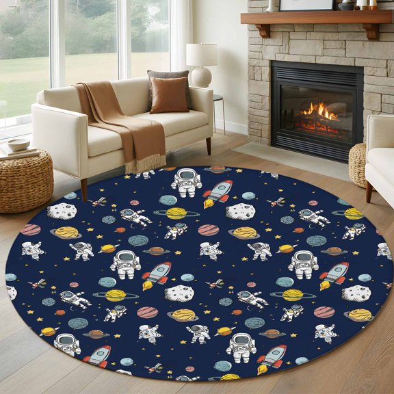 Cartoon Cute Astronauts 8FT Round Area Rugs for Living Room Lovely Blue Space Spacecraft Rockets Planet Ultra-Thin Non-Slip Round Rugs Washable Low Pile Circle Carpet for Bedroom Kitchen Nursery