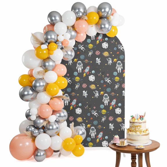 Cartoon Cute Astronauts Arch Backdrop Cover 4FT Lovely Black Space Spacecraft Rockets Planet Spandex Fitted Arch Covers Stretchy Backdrop Decoration for Wedding Birthday Graduation Party