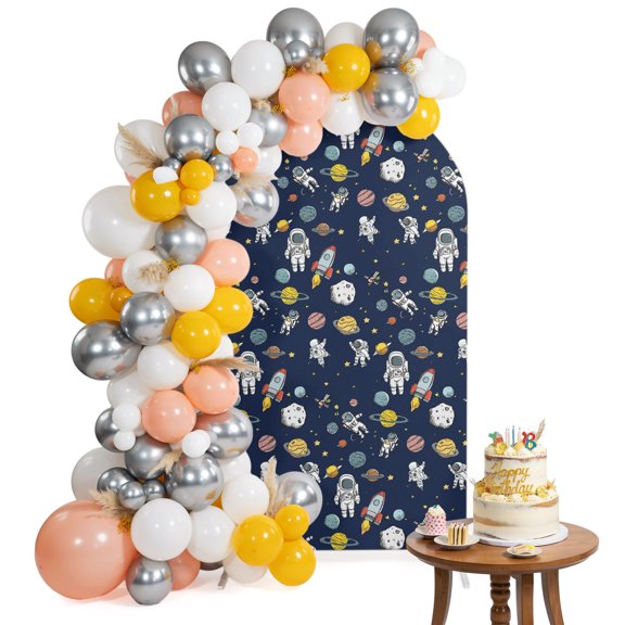 Cartoon Cute Astronauts Arch Backdrop Cover 6.6FT Lovely Blue Space Spacecraft Rockets Planet Spandex Fitted Arch Covers Stretchy Backdrop Decoration for Wedding Birthday Graduation Party