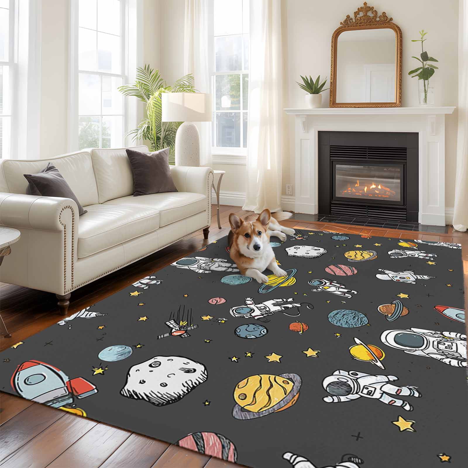 Cartoon Cute Astronauts Area Rugs 5x7 ft Lovely Black Space Spacecraft ...