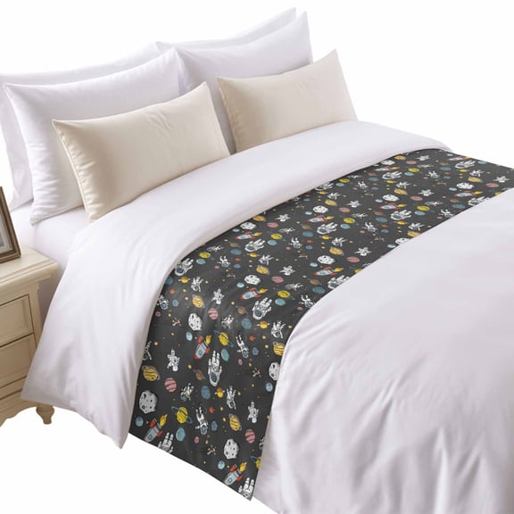 Cartoon Cute Astronauts Bed Runner for Cal King Size Bed, Lovely Black Space Spacecraft Rockets Planet Soft Bedding Scarf Bedding Protector Slipcover Sofa Throw for Bedroom Hotel Guesthouse