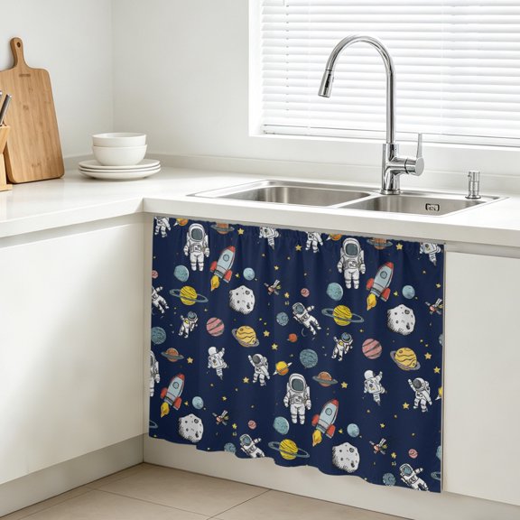Cartoon Cute Astronauts Cabinet Curtains for Kitchen 11"W x 13"L, Lovely Blue Space Spacecraft Rockets Planet Vanity Cabinet Curtains Magic Tape Short Curtain Decor Privacy Panel for Bathroom Laundry