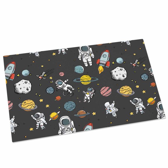 Cartoon Cute Astronauts Door Mat 16x24 Inch Lovely Black Space Spacecraft Rockets Planet Entryway Rug with Non-Slip Rubber, Front Door Mat Indoor Floor Mats for Living Room Bathroom Bedroom