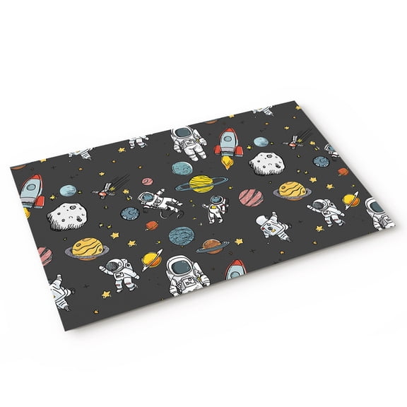 Cartoon Cute Astronauts Door Mat Lovely Black Space Spacecraft Rockets Planet Non Slip Absorbent Entrance Mat Washable Low Profile Indoor Doormat for Front Door Entryway Entry 16"x24"