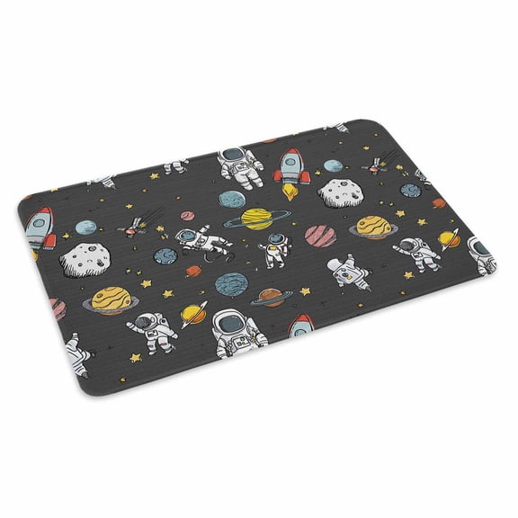 Cartoon Cute Astronauts Doormat Lovely Black Space Spacecraft Rockets Planet Non Slip Low Profile Rubber Door Mat Washable Absorbent Indoor Front Door Mat Entryway Rug Entrance Carpet 16x24 Inch