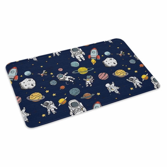 Cartoon Cute Astronauts Doormat Lovely Blue Space Spacecraft Rockets Planet Non Slip Low Profile Rubber Door Mat Washable Absorbent Indoor Front Door Mat Entryway Rug Entrance Carpet 16x24 Inch