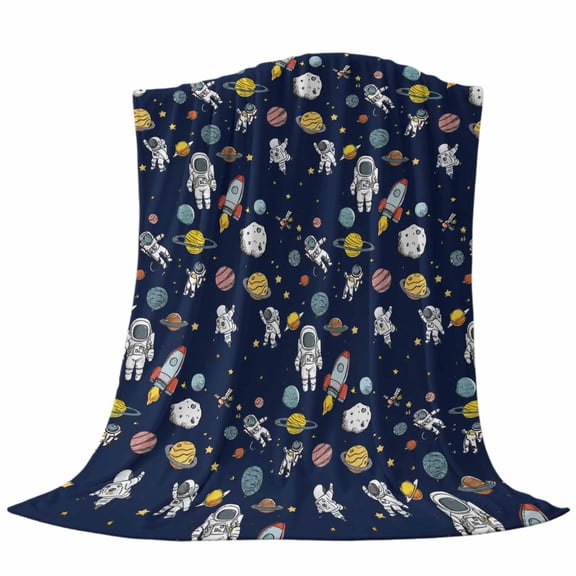 Cartoon Cute Astronauts Fleece Throw Blanket Lovely Blue Space Spacecraft Rockets Planet Ultra Soft Fuzzy Cozy Flannel Throw Blanket for Couch Sofa Bed Car Travel, Ideal Gifts 40x50 Inches