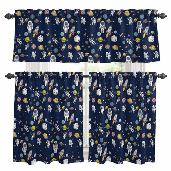 Cartoon Cute Astronauts Kitchen Curtains Set for Windows, Lovely Blue Space Spacecraft Rockets Planet Curtains Valance and Tier 3 Piece Set Small Drapes 24 Inch Length for Kitchen Bedroom Decor